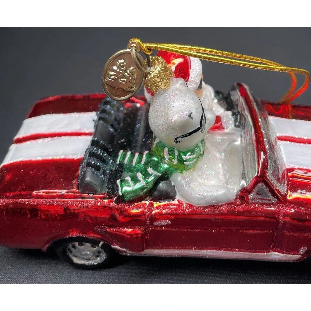 Vintage Santa Polar Bear Red Sports Car Blown Glass Christmas Ornament Mint!